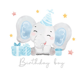 cute adorable baby blue elephant boy birthday party, baby shower greeting card watercolor cartoon animal hand drawn vector