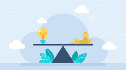 Ideas and money on the scale. Decent pay for creative work. Lightbulb ideas and money balance on the scale. Value of idea. Business concept. Flat style. Vector illustration. 