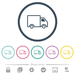 Delivery truck side view outline flat color icons in round outlines