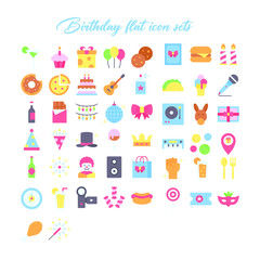 Happy birthday Set of sweet food icons flat style with shadow. Candy, sweets, lollipops, cake, donuts, macaroons, ice cream, and jelly icons.