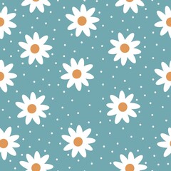 Simple vintage pattern. white flowers and dots. blue background. Fashionable print for textiles, wallpaper and packaging.