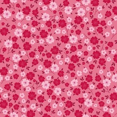 Simple vintage pattern. pink and burgundy flowers, leaves. light pink background. Fashionable print for textiles, wallpaper and packaging.