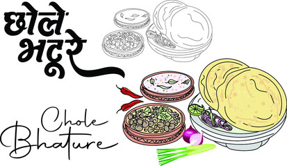 Chole Bhature logo, Outline sketch drawing of Indian Street food Chole Bhature, Fast food vector silhouette