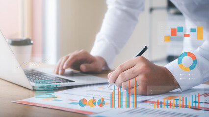 Businessman showing a virtual screen, analysis of business growth and investment graphs, strategic...