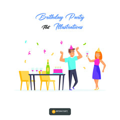 happy cartoon people having fun at birthday party vector flat illustration. The concept of friends' characters celebrating a holiday is isolated on white. Collection of festive men and woman