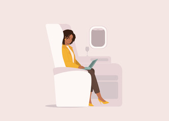 One Black Businesswoman In Yellow Coat Working With Laptop In First Class Airplane Seat. Full Length, Flat Design, Character, Cartoon.