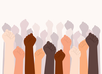 Diverse Group Of Hands With Clenching Fist Raising Up. Flat Design, Character, Cartoon.