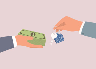 Concept Of Cash Buyer For Real Estate. Businessman With A Stack Of Money Dealing With A Property Owner With Hand Holding House Key. Close-Up. Flat Design, Character, Cartoon.