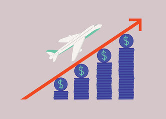 Concept Of Airfares Rising. Airplane Flying Up A Steep Arrow Towards Higher Stacks Of Coins. Isolated, Flat Design, Cartoon.