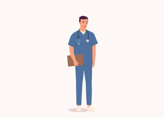 One Smiling Male Nurse With Medical Scrubs Uniform And Stethoscope Holding A Clipboard. Full Length. Flat Design, Character, Cartoon.