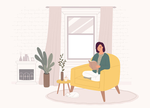 One Young Woman Sitting On Yellow Couch Reading Book In Day Time At Her Cozy Living Room. Full Length. Flat Design, Character, Cartoon.