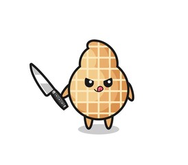 cute peanut mascot as a psychopath holding a knife
