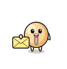 cartoon illustration of soy bean holding a yellow letter