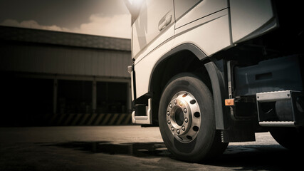 Semi Trucks Parked at The Warehouse. Diesel Trucks. Lorry Tractor. Industry Freight Trucks Logistics Cargo Transport.	