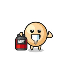 the muscular soy bean character is holding a protein supplement