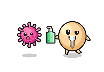 illustration of soy bean character chasing evil virus with hand sanitizer