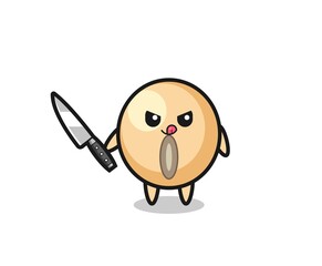 cute soy bean mascot as a psychopath holding a knife
