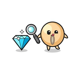soy bean mascot is checking the authenticity of a diamond