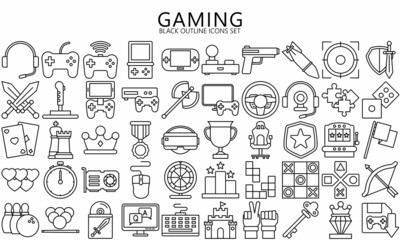 Simple Set of Games outline Icons. Contains such Icons as Joystick, Console, Virtual Reality, genres and attributes. Used for web, UI,UX kit and applications. vector eps 10 ready convert to SVG