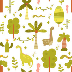 Dinosaur Seamless pattern - hand drawn dinosaurs, tropical plants, palm tree on jungle background. Vector kids illustration for nursery design. Dino pattern for baby clothes, wrapping paper.