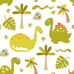 Dinosaur Seamless pattern - cute dinosaurs, coconut palm tree, green snake on white background. Vector kids illustration for nursery design. Dino pattern for baby clothes, wrapping paper.