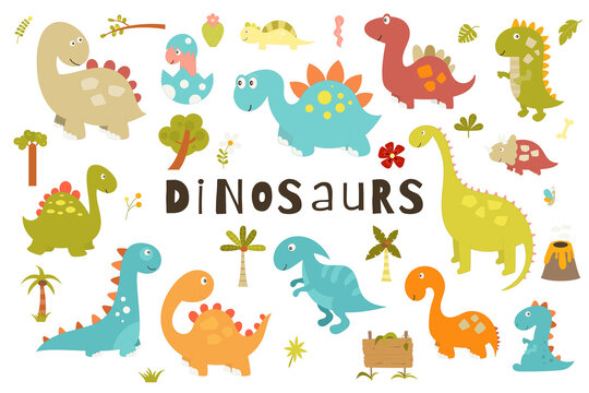 Cute Dinosaurs set. Hand drawn. Doodle cartoon dinosaur characters and jungle plants for nursery posters, cards, kids t-shirts. Vector illustration. Isolated Dino on white background.