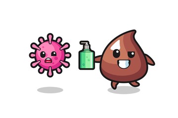 Fototapeta premium illustration of choco chip character chasing evil virus with hand sanitizer