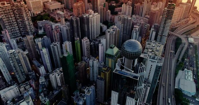 Hong Kong city sunset. Buildings and skyscrapers. Aerial View drone 4k footage Of Modern Skyscrapers In Hong Kong. buildings in Hong Kong city. 