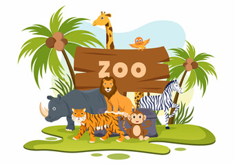 Obraz na płótnie Canvas Zoo Cartoon Illustration with Safari Animals Elephant, Giraffe, Lion, Monkey, Panda, Zebra and Visitors on Territory on Forest Background