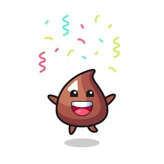 happy choco chip mascot jumping for congratulation with colour confetti