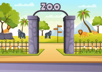 Foto op Plexiglas Zoo Cartoon Illustration with Safari Animals Elephant, Giraffe, Lion, Monkey, Panda, Zebra and Visitors on Territory on Forest Background © denayune