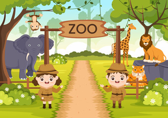 Zoo Cartoon Illustration with Safari Animals Elephant, Giraffe, Lion, Monkey, Panda, Zebra and Visitors on Territory on Forest Background