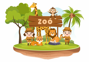 Zoo Cartoon Illustration with Safari Animals Elephant, Giraffe, Lion, Monkey, Panda, Zebra and Visitors on Territory on Forest Background