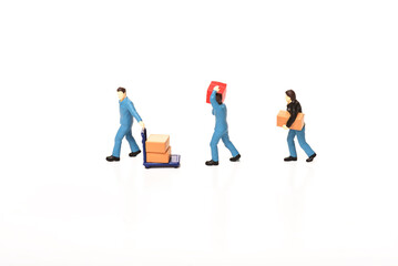Miniature people, man carrying box using for logistic and business concept