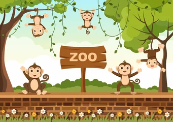 Foto op Canvas Zoo Cartoon Illustration with Safari Animals Monkey, Cage and Visitors on Territory on Forest Background Design © denayune