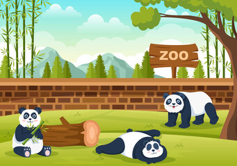 Zoo Cartoon Illustration with Safari Animals Panda, Cage and Visitors on Territory on Forest Background Design