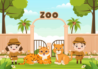 Zoo Cartoon Illustration with Safari Animals Lion, Tiger, Cage and Visitors on Territory on Forest Background Design