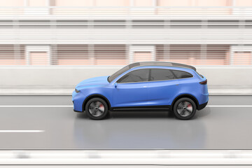 Fototapeta premium Side view of blue electric SUV driving on the highway. 3D rendering image.