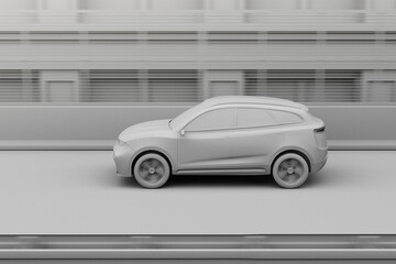 Fototapeta na wymiar Clay rendering of electric SUV driving on the highway. 3D rendering image.
