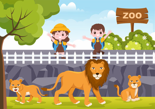Zoo Cartoon Illustration with Safari Animals Lion, Tiger, Cage and Visitors on Territory on Forest Background Design