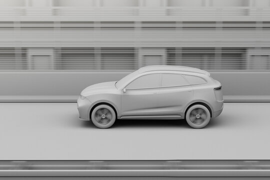 Clay rendering of electric SUV driving on the highway. 3D rendering image.