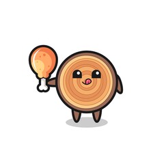 wood grain cute mascot is eating a fried chicken