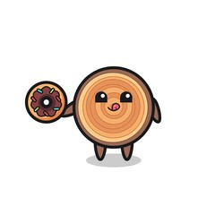 illustration of an wood grain character eating a doughnut