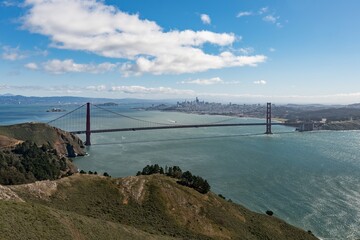 The San Francisco Golden Gate in USA during the day. Wide angle shot taken in the early morning