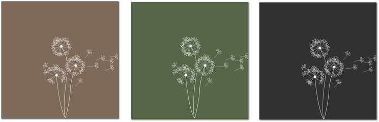A set of dandelion background, minimal design of green, black and brown. Wall art , home deco, Invitations, postcards. flat style