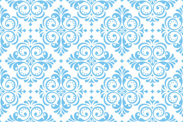 Floral pattern. Vintage wallpaper in the Baroque style. Seamless vector background. White and blue ornament for fabric, wallpaper, packaging. Ornate Damask flower ornament