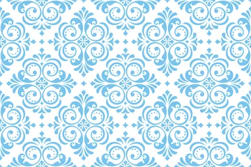 Badezimmer Foto Rückwand Floral pattern. Vintage wallpaper in the Baroque style. Seamless vector background. White and blue ornament for fabric, wallpaper, packaging. Ornate Damask flower ornament © ELENA