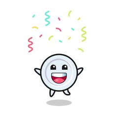 happy plate mascot jumping for congratulation with colour confetti