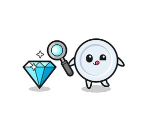 plate mascot is checking the authenticity of a diamond