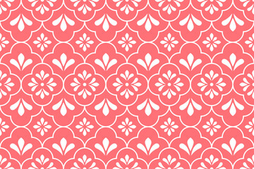 Flower geometric pattern. Seamless vector background. White and pink ornament. Ornament for fabric, wallpaper, packaging. Decorative print
